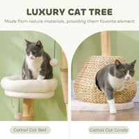 HKM-7639613 Cream White Cat Tree with Wooden Scratching Posts, Cat Condo, Beds, and Toy Balls for Indoor Cats