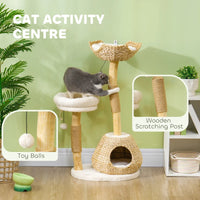 HKM-7639613 Cream White Cat Tree with Wooden Scratching Posts, Cat Condo, Beds, and Toy Balls for Indoor Cats