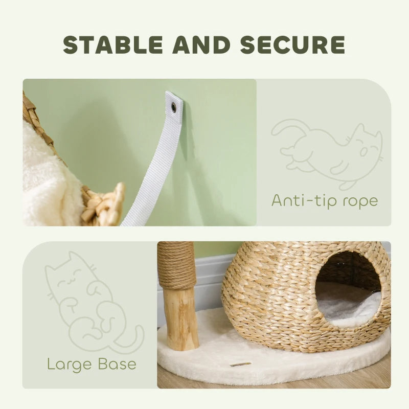 HKM-7639613 Cream White Cat Tree with Wooden Scratching Posts, Cat Condo, Beds, and Toy Balls for Indoor Cats
