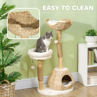 HKM-7639613 Cream White Cat Tree with Wooden Scratching Posts, Cat Condo, Beds, and Toy Balls for Indoor Cats