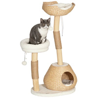 HKM-7639613 Cream White Cat Tree with Wooden Scratching Posts, Cat Condo, Beds, and Toy Balls for Indoor Cats