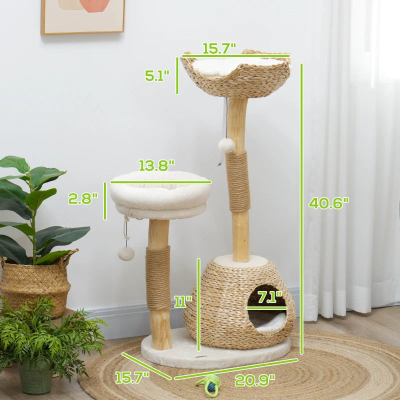 HKM-7639613 Cream White Cat Tree with Wooden Scratching Posts, Cat Condo, Beds, and Toy Balls for Indoor Cats
