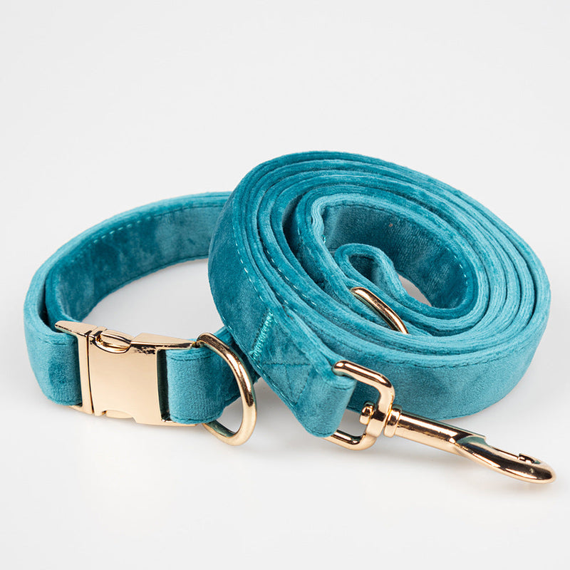 HKM-7643709 Peacock Blue Velvet Pet Collar with Bow and Leash Set, Adjustable Sizes S-XL, Casual Winter Style