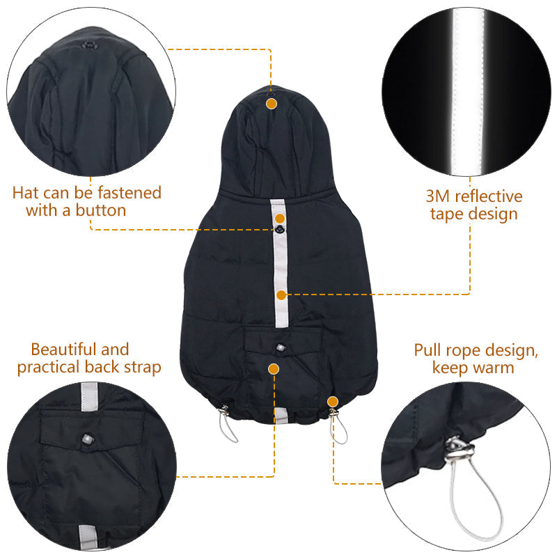 HKM-7644093 Reflective Black Cotton Dog Coat for Winter - Available in Multiple Sizes