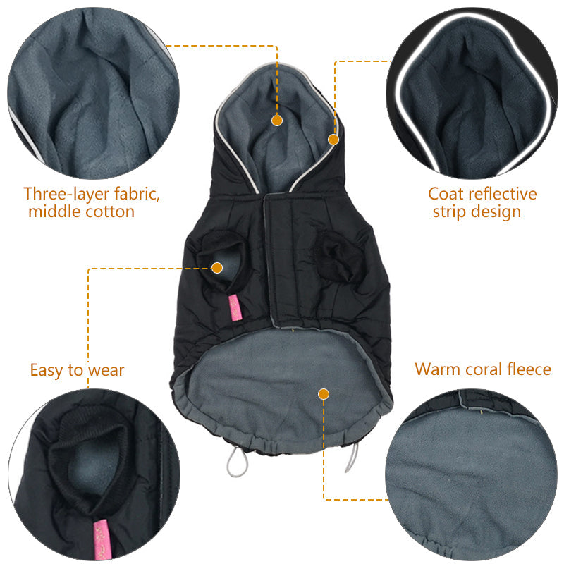 HKM-7644093 Reflective Black Cotton Dog Coat for Winter - Available in Multiple Sizes