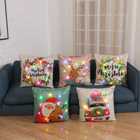 HKM-764435 Christmas Cartoon Pillow Cover, Linen Material, 45x45cm, AA Battery Operated (Inner Core Not Included)