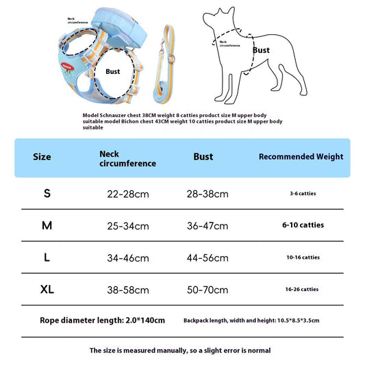 HKM-7645501 Portable Dog Leash with Chest and Back Bag for Small to Medium Dogs - Available in Multiple Colors