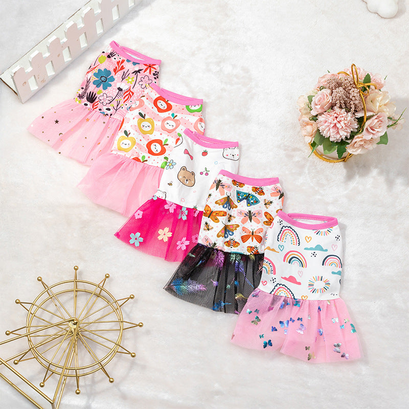 HKM-7646269 Cute Pet Skirt Dress in Pink Rainbow, Floral, and Butterfly Designs for Dogs