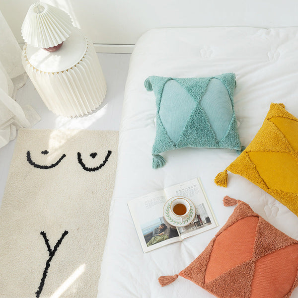 HKM-764627 Corduroy Geometric Rhombus Triangle Tufted Cushion Cover with Tassels - 45x45cm