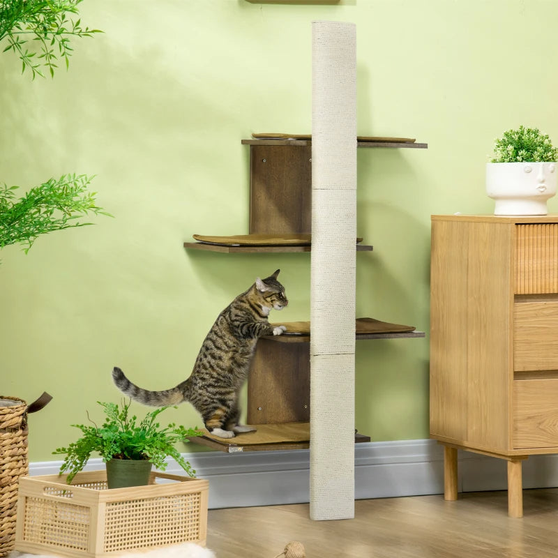 HKM-7647165 Wall-Mounted Cat Tree with Cushions, 4-Layer Cat Shelves and Scratching Post, Natural Color, Space-Saving Design