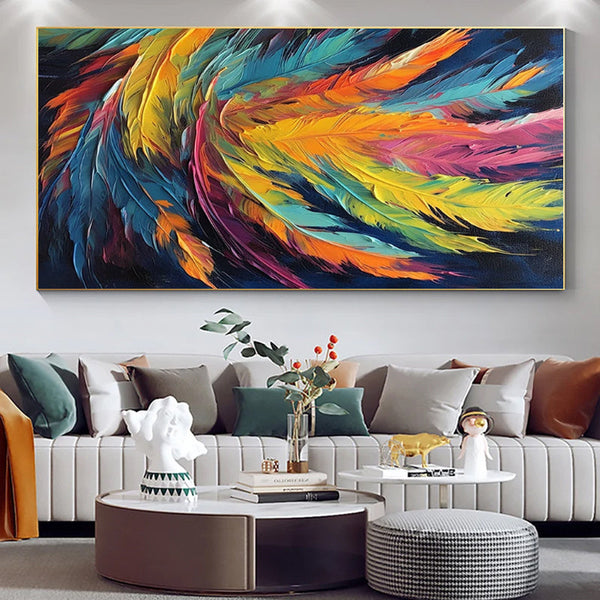 HKM-764755 Colorful Abstract Feather Handmade Oil Painting on Canvas for Living Room Decor, Unframed and Unstretched