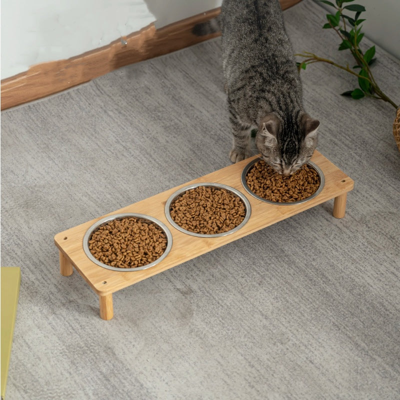 HKM-7647677 Large Stainless Steel Pet Bowls with Bamboo Base - Modern Anti-Tumble Design