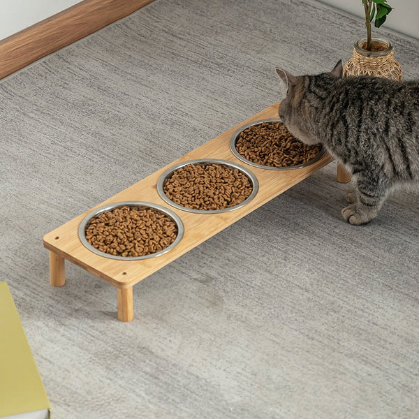 HKM-7647677 Large Stainless Steel Pet Bowls with Bamboo Base - Modern Anti-Tumble Design