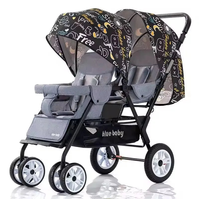 HKM-765011 Lightweight Folding Twin Baby Stroller with Adjustable Seating Options for Infants and Toddlers