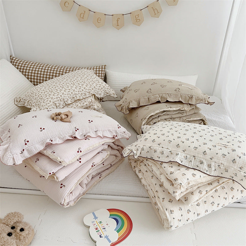 HKM-765139 Sweet Floral Cotton Gauze Quilt in Pudding Rabbit, Camellia, Cherries, and Roses - Multiple Sizes Available