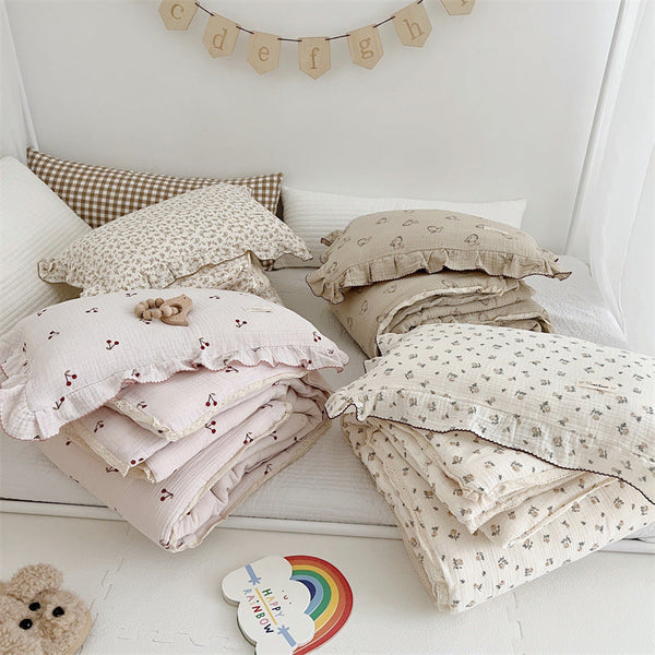 HKM-765139 Sweet Floral Cotton Gauze Quilt in Pudding Rabbit, Camellia, Cherries, and Roses - Multiple Sizes Available