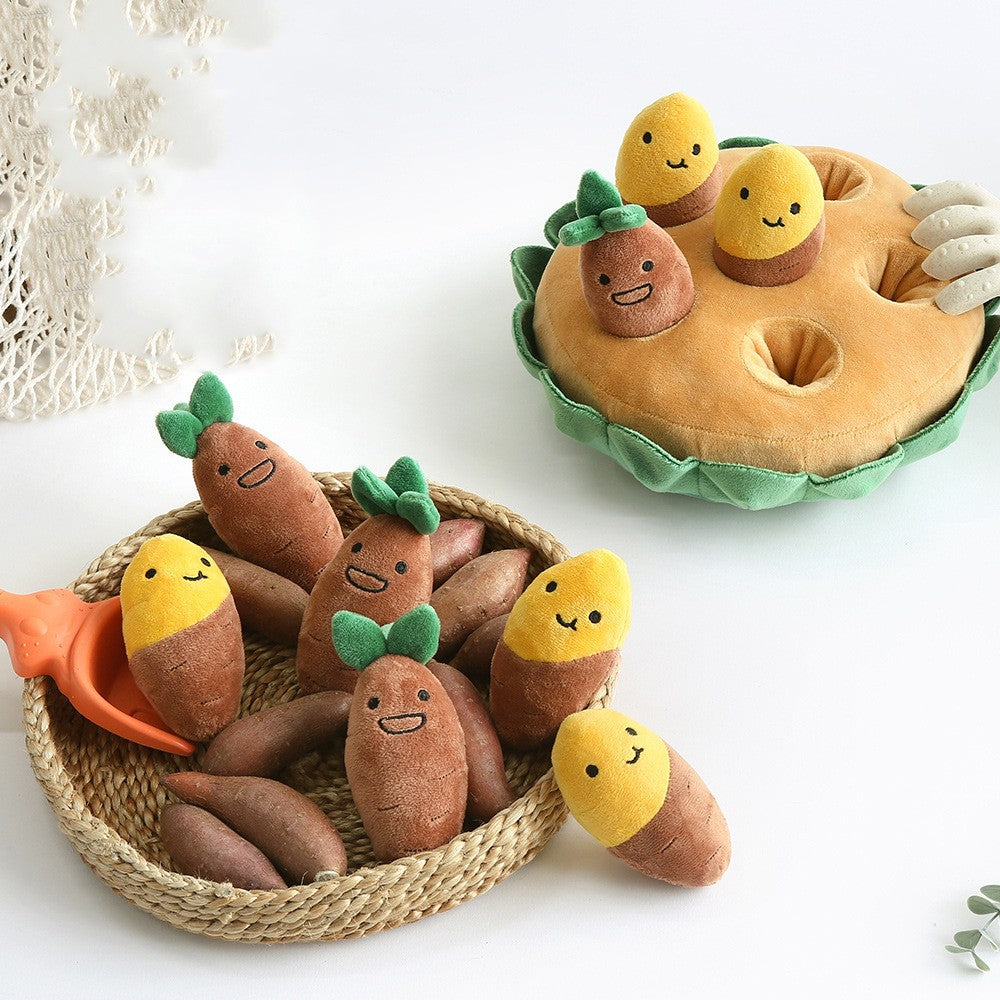 HKM-7652285 Sweet Potato Pull Toy Set for Dogs - Includes Soil Base, Peeled & Green Sweet Potatoes