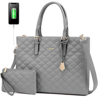HKM-765523 Fashion Quilted Leather Geometric Briefcase and Large Tote Bag Set with USB Charging Port for Women
