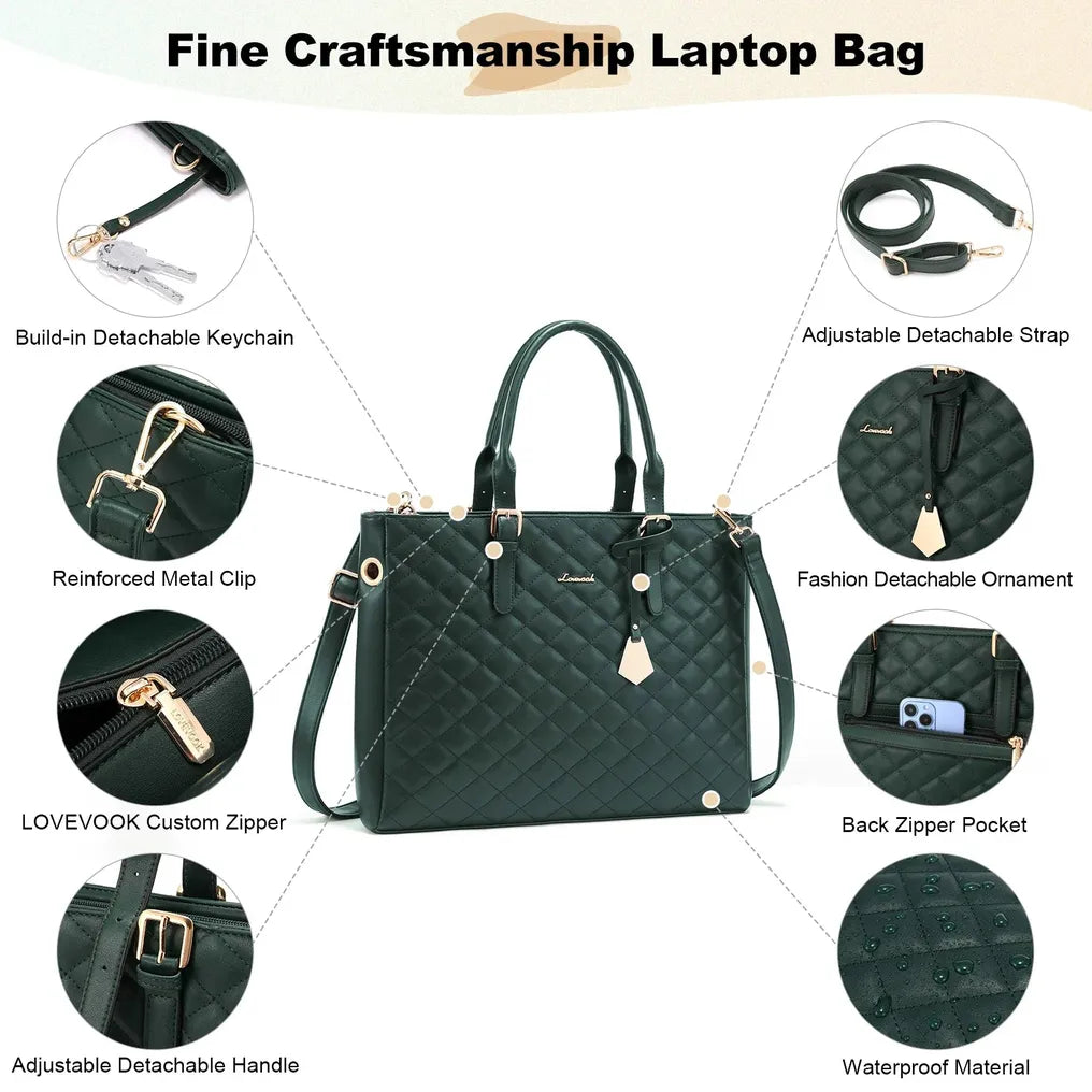 HKM-765523 Fashion Quilted Leather Geometric Briefcase and Large Tote Bag Set with USB Charging Port for Women