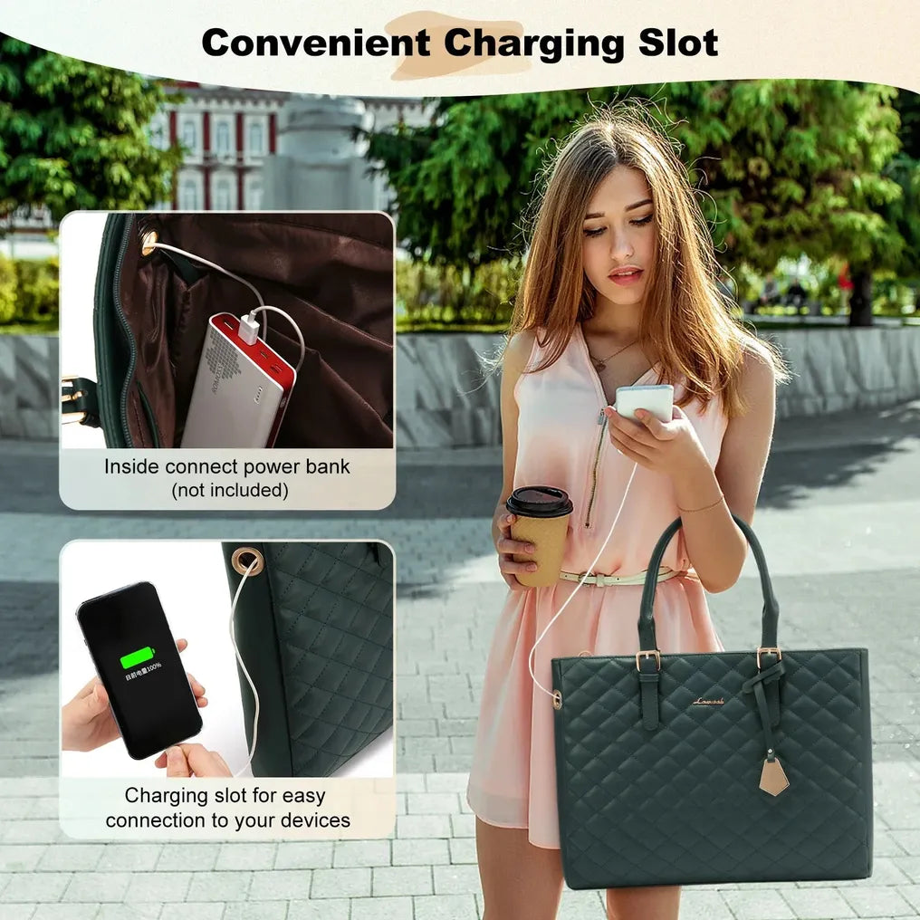 HKM-765523 Fashion Quilted Leather Geometric Briefcase and Large Tote Bag Set with USB Charging Port for Women