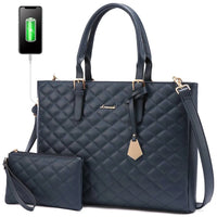 HKM-765523 Fashion Quilted Leather Geometric Briefcase and Large Tote Bag Set with USB Charging Port for Women