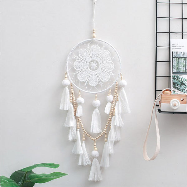 HKM-765523 Romantic Wall Dream Catcher with Wooden Beads and Tassels for Living Room and Bedroom Decor