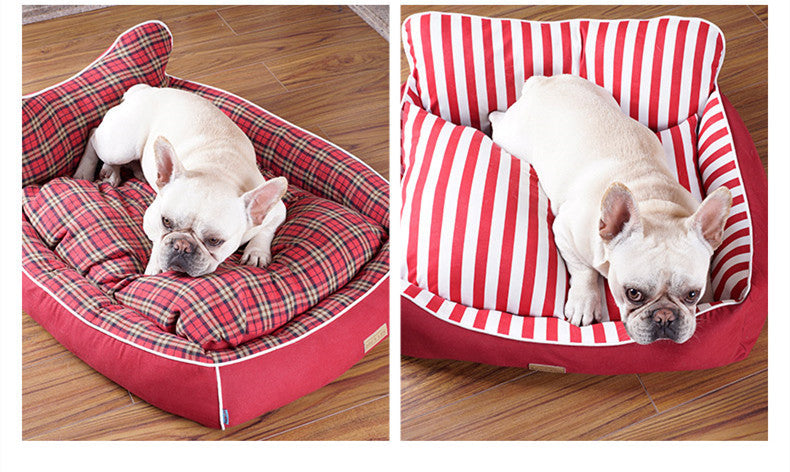 HKM-7655485 Dog House Bed for Small to Medium Dogs - Removable & Washable, Cotton-Linen Blend, Blue Stripes