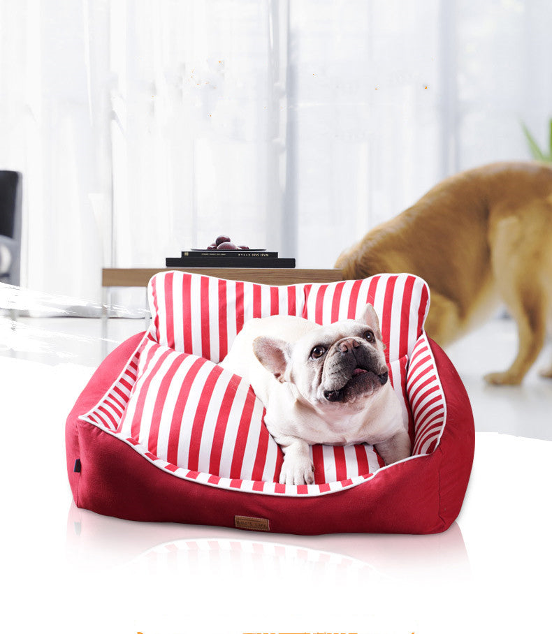 HKM-7655485 Dog House Bed for Small to Medium Dogs - Removable & Washable, Cotton-Linen Blend, Blue Stripes