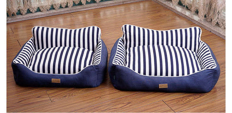 HKM-7655485 Dog House Bed for Small to Medium Dogs - Removable & Washable, Cotton-Linen Blend, Blue Stripes