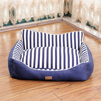 HKM-7655485 Dog House Bed for Small to Medium Dogs - Removable & Washable, Cotton-Linen Blend, Blue Stripes
