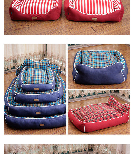 HKM-7655485 Dog House Bed for Small to Medium Dogs - Removable & Washable, Cotton-Linen Blend, Blue Stripes