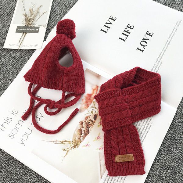HKM-7657789 Cozy Wool Dog Hat Scarf Set for Autumn and Winter in Red and Navy Blue