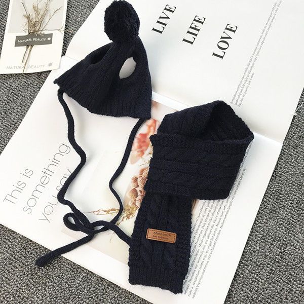 HKM-7657789 Cozy Wool Dog Hat Scarf Set for Autumn and Winter in Red and Navy Blue