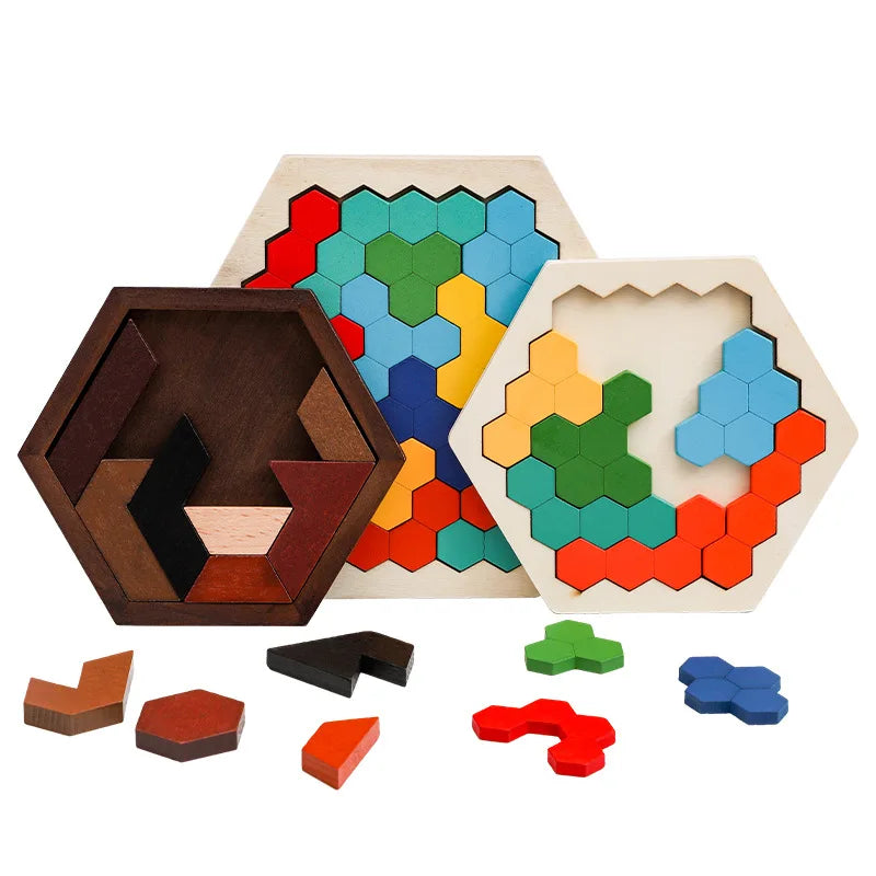 HKM-765971 Wooden Hexagon Honeycomb Jigsaw Puzzle for Kids and Adults - Creative Educational Toy