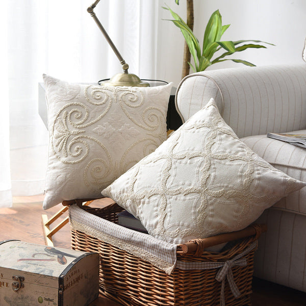 HKM-766099 Embroidered Cotton and Linen Woven Geometric Couch Pillow - 45x45cm