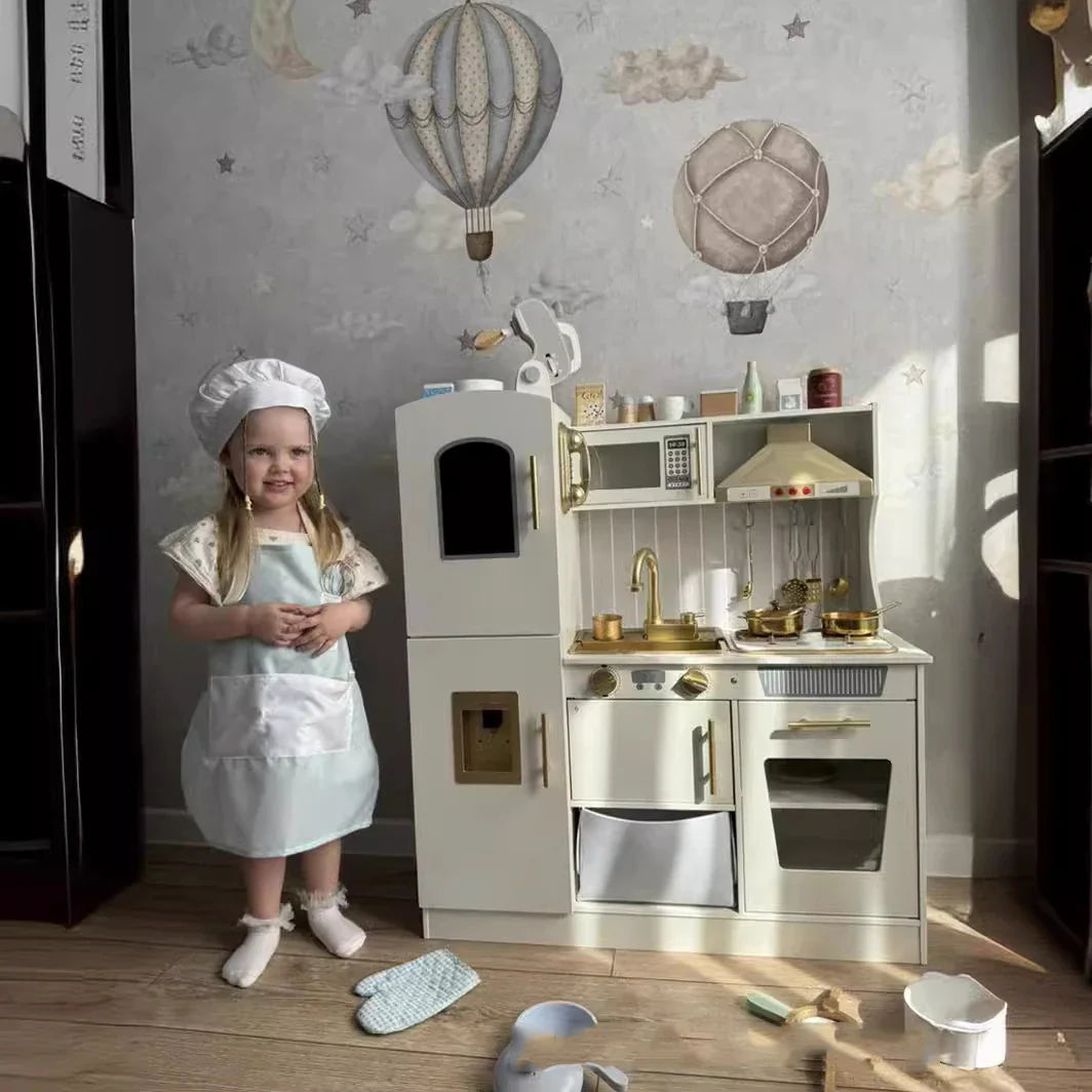HKM-766419 Wooden Toddler Pretend Cooking Set with Light & Sound Microwave for Kids
