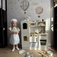 HKM-766419 Wooden Toddler Pretend Cooking Set with Light & Sound Microwave for Kids