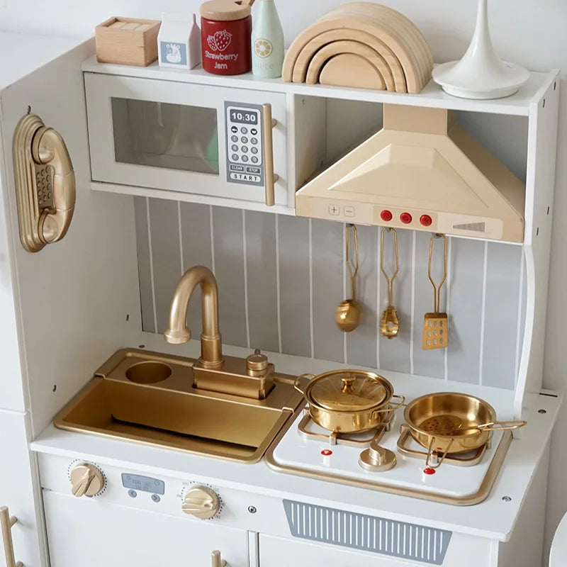 HKM-766419 Wooden Toddler Pretend Cooking Set with Light & Sound Microwave for Kids