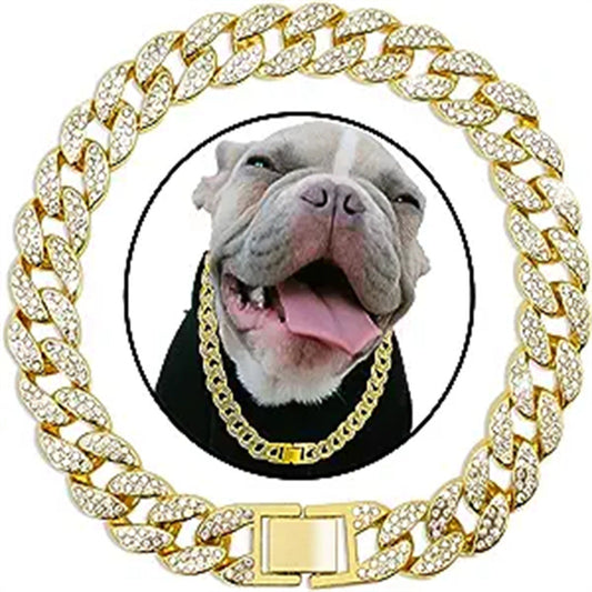 HKM-7665597 Cuban Link Chain Dog Collar Necklace with Diamond Detailing - Available in Gold and Silver