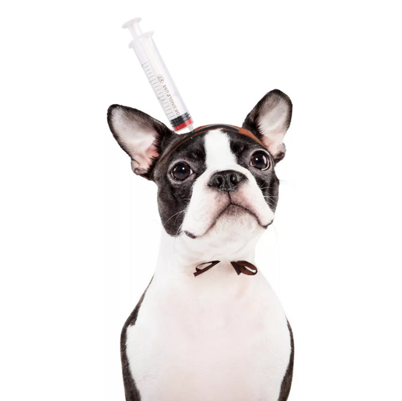 HKM-7667773 Pet Halloween Headdress Hat with Fun Props - Axe, Scissors, Saw, Syringe, Hammer, Wrench, Wine Bottle, Pliers, Sizes S & M