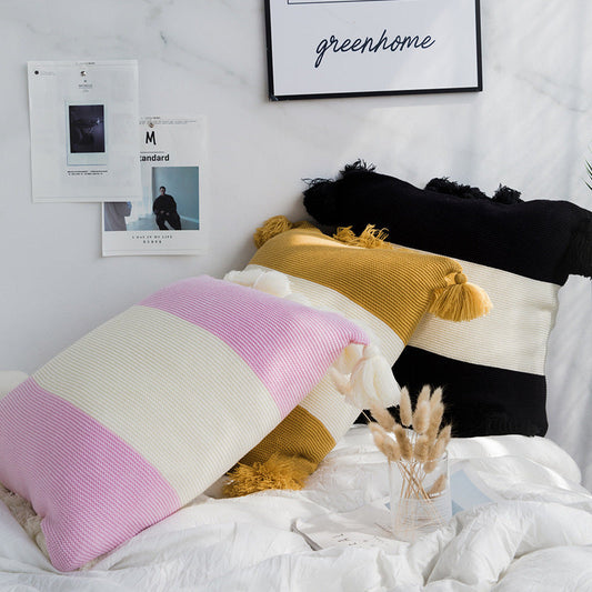 HKM-766931 Nordic Cotton Knitted Striped Pillowcase for Baby and Toddler, 45x45CM, Pink Purple, Black, Turmeric