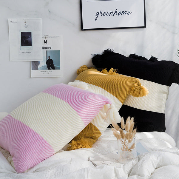 HKM-766931 Nordic Cotton Knitted Striped Pillowcase for Baby and Toddler, 45x45CM, Pink Purple, Black, Turmeric