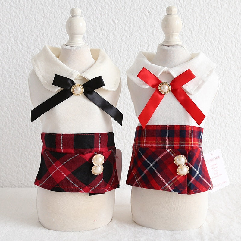 HKM-7670333 Plaid Skirt Dress for Women - Elegant England Style, Available in Red and Black, Sizes XS to XL