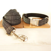 HKM-7670717 Thick Soft Dog Collar with Leash and Ring, Black Suit with Light Gold Accents, Sizes XS to XL
