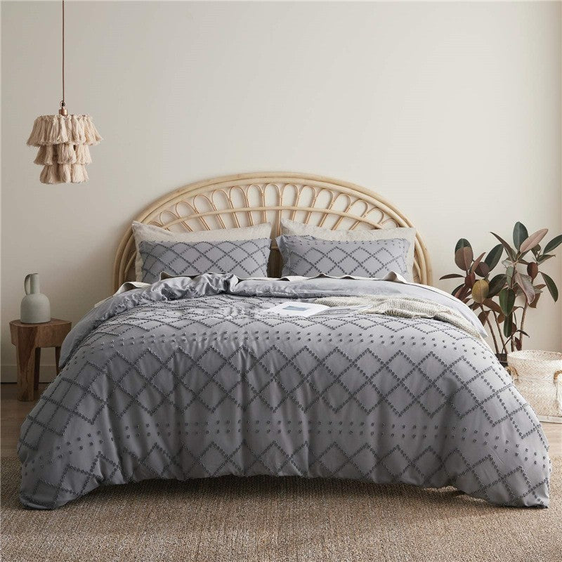 HKM-767123 Solid Color Cotton Quilt Cover Set - Modern Simplicity Three-Piece Bedding Ensemble
