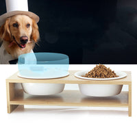 HKM-7674685 Ceramic Dog Bowl Set with Bamboo Stand - Two Bowls and Feet for Elevated Feeding