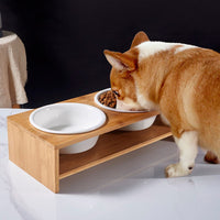 HKM-7674685 Ceramic Dog Bowl Set with Bamboo Stand - Two Bowls and Feet for Elevated Feeding