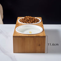 HKM-7674685 Ceramic Dog Bowl Set with Bamboo Stand - Two Bowls and Feet for Elevated Feeding