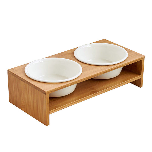 HKM-7674685 Ceramic Dog Bowl Set with Bamboo Stand - Two Bowls and Feet for Elevated Feeding
