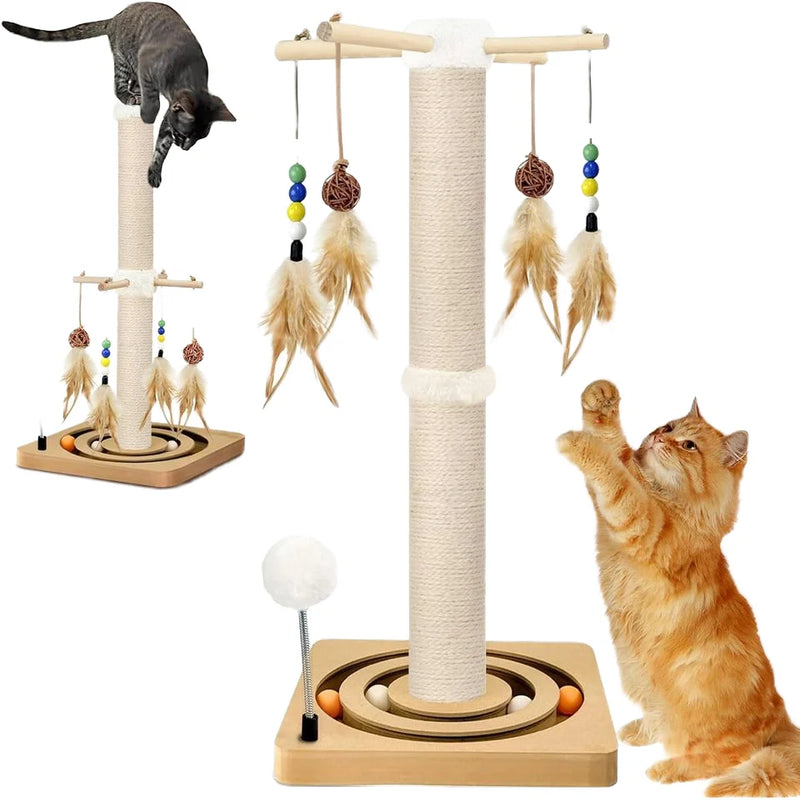 HKM-767635 Wood Cat Scratcher Tree Tower with Hanging Ball for Indoor Use